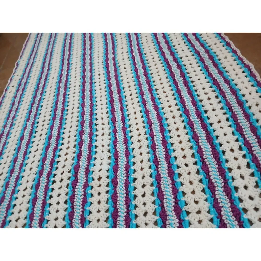 VNT Crochet Blanket Throw Afghan 68.x37 Blue White Stripes Scallop Hippie Granny